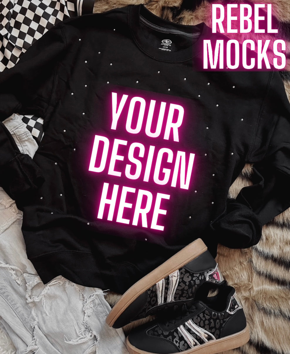 Rhinestone BLING Black Crew Sweatshirt Flat Lay Mock Up