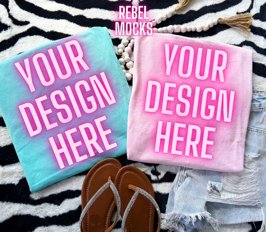 Comfort Colors Blossom and Chambray Tee Flat Lay Mock UP