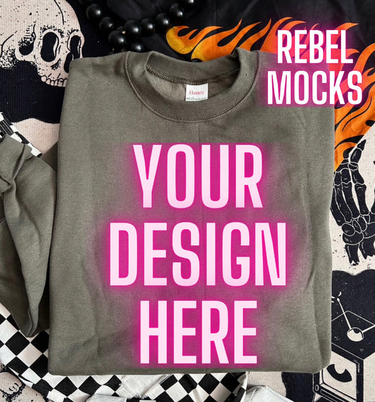 Army Green Crewneck Sweatshirt Edgy Alt Flat Lay Checkered Mock up