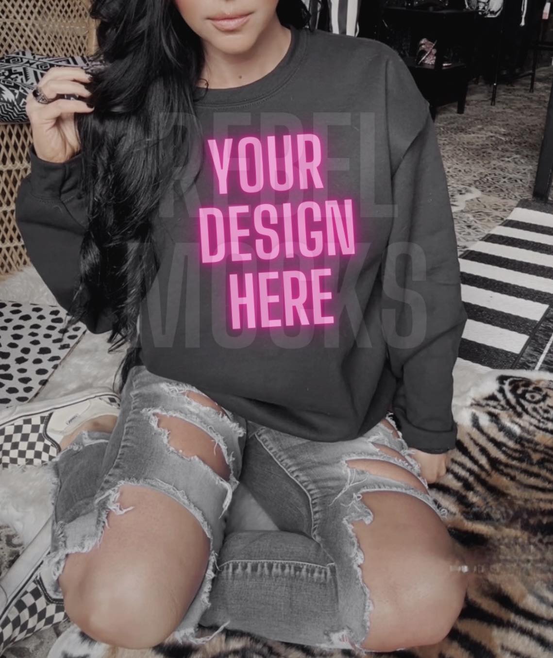 Black Crew Neck IRL Model Trendy Mock Up – Rebel Mocks & Badghoul Digital