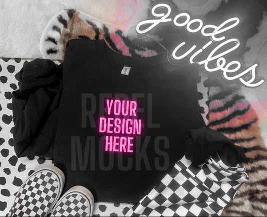 Black Crew Neck Trendy Flat Lay Mock Up