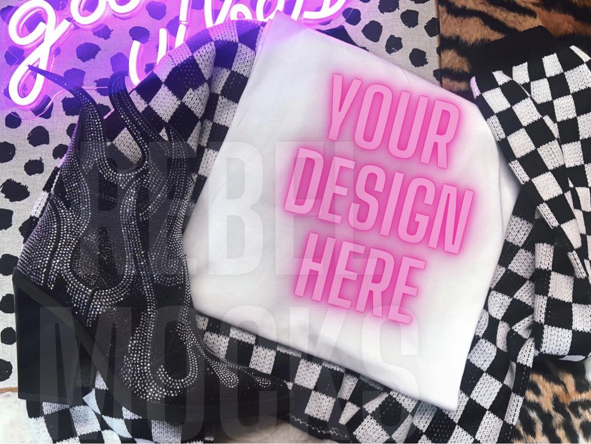Bling Boot Checkered White Tee Flat Lay Trendy Mock Up