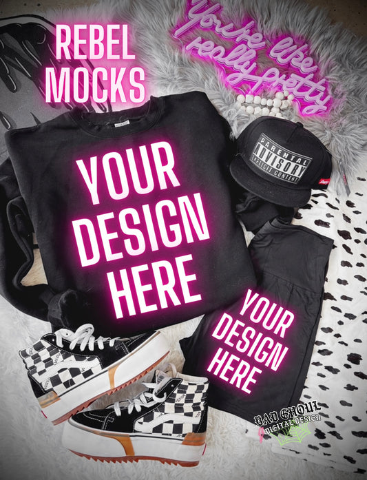Black Crew Neck Sweatshirt  and Biker Short Flat Lay Mock Up TRENDING