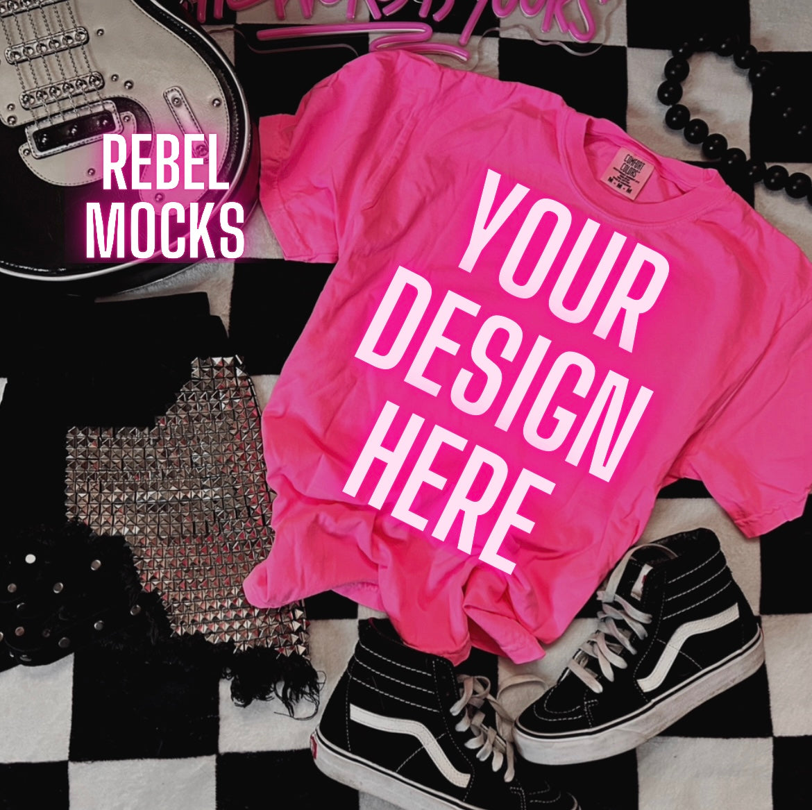 Comfort Colors Neon Pink Tee Alternative Flat Lay Mock Up