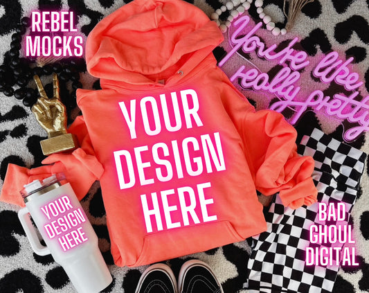 Retro Heather Coral Hoodie and Tumbler Flat Lay Mock Up TRENDING