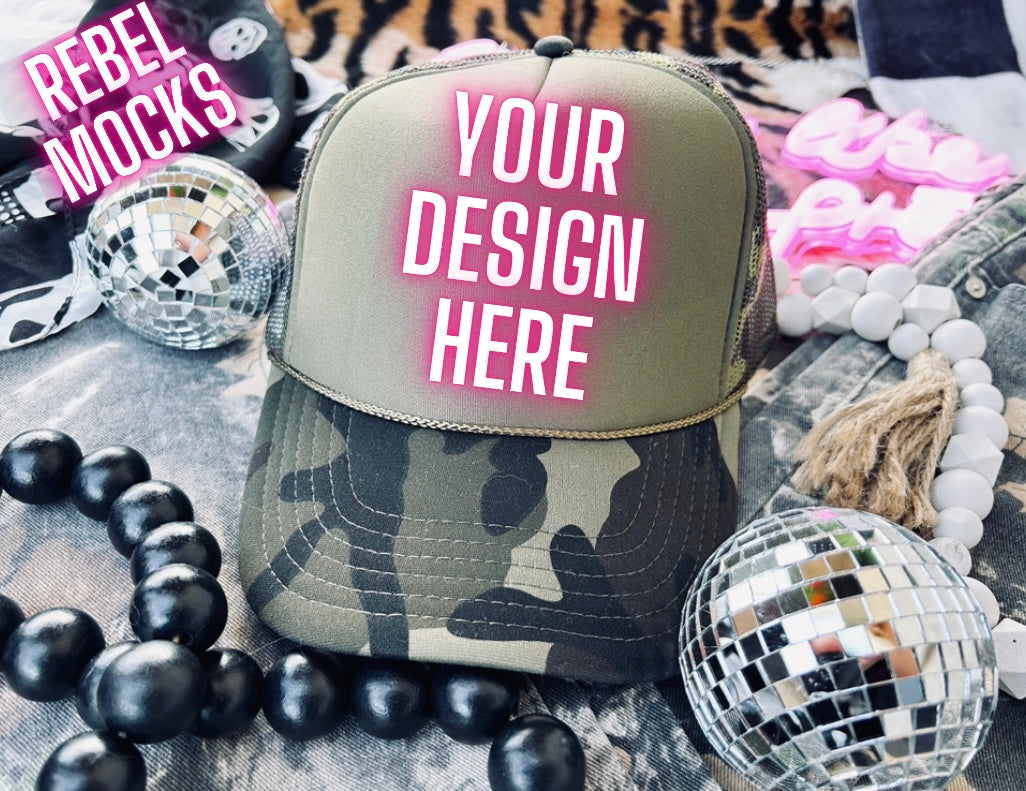 Camo Trucker Hat Flat Lay Trending Mock Up Flat Lay