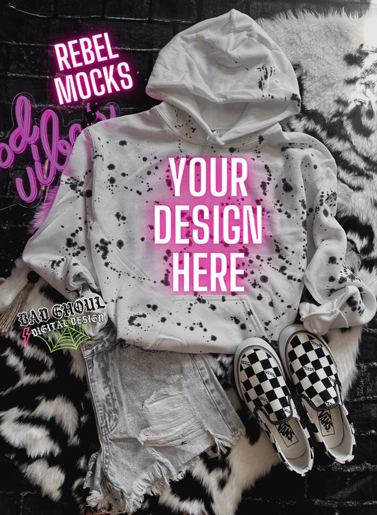 Flat Lay Splatter Hoodie Mock Up Trendy Edgy Vibes