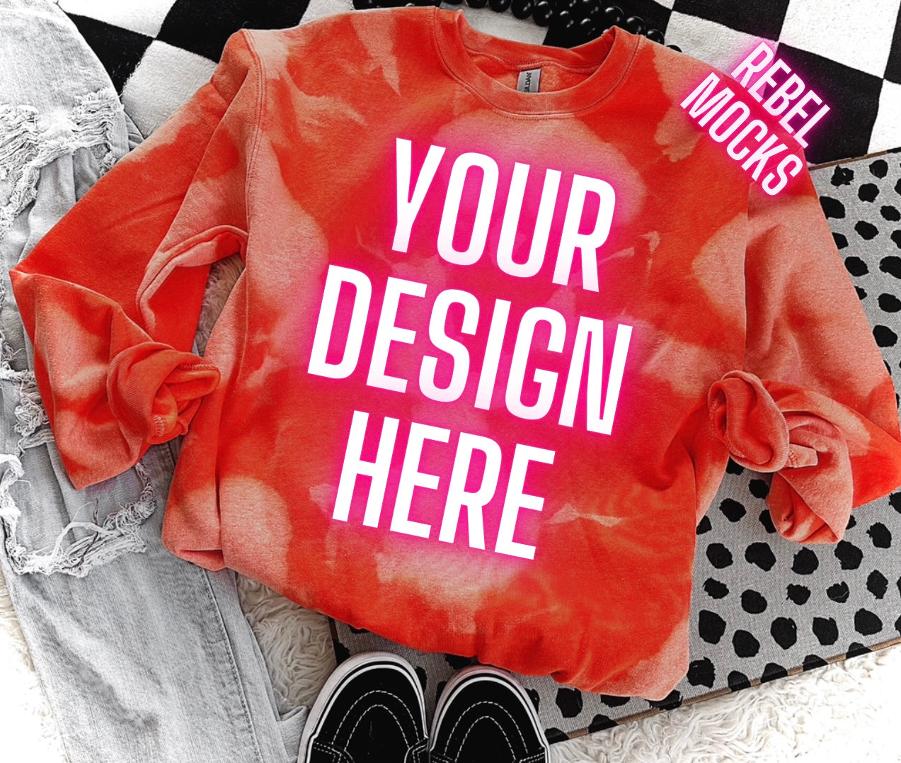 Orange Acid Wash Crew Neck Sweatshirt Flat Lay Mock Up TRENDING VIBES