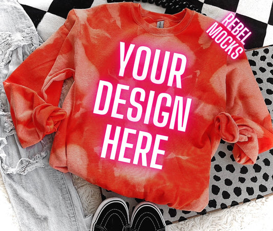 Orange Acid Wash Crew Neck Sweatshirt Flat Lay Mock Up TRENDING VIBES