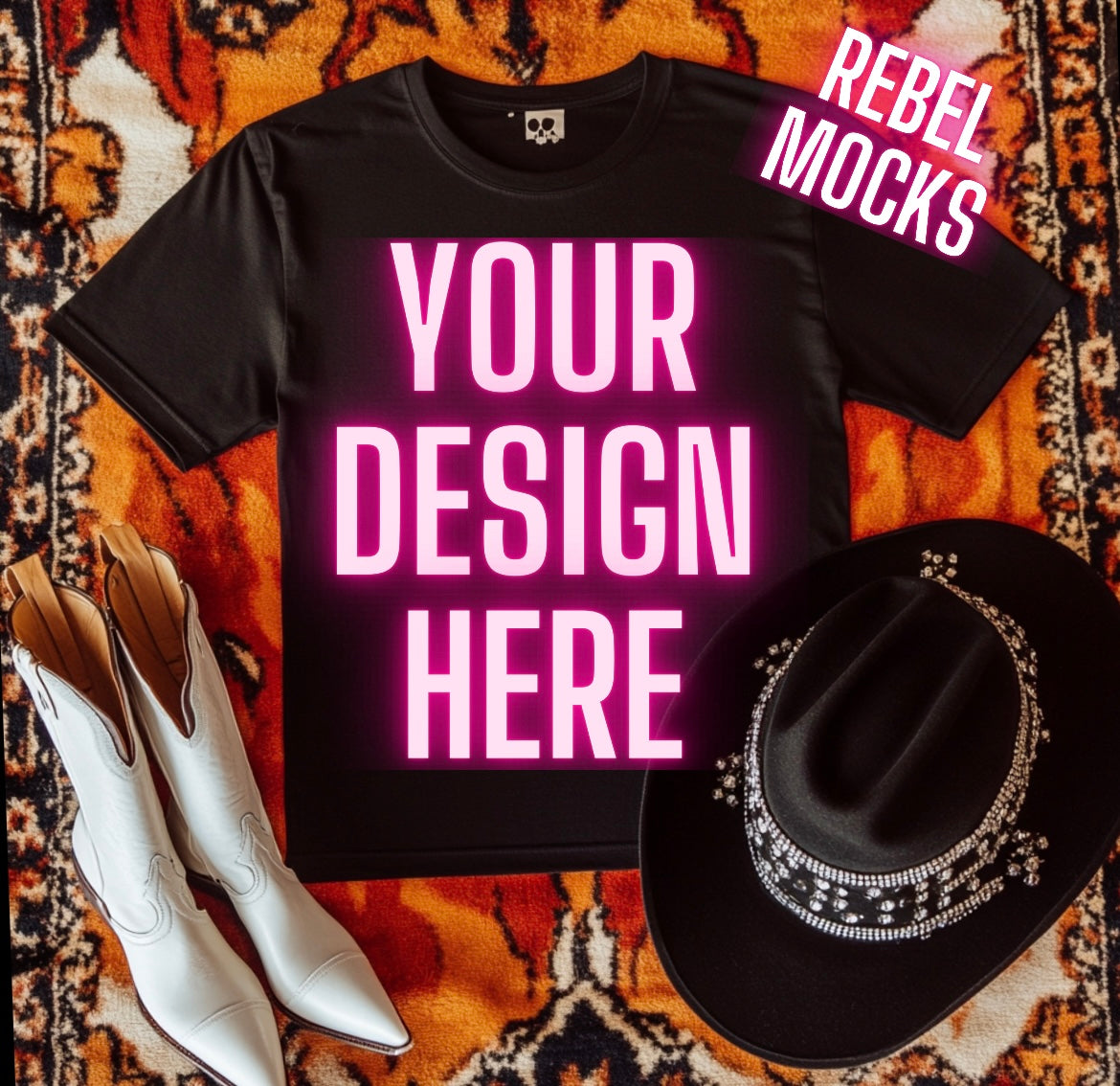 Black Tee Flat Lay Mock Up Western Grunge Alt Rock N Roll Vibes