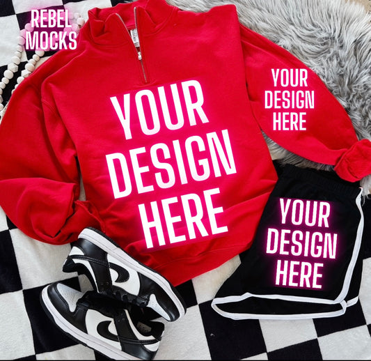 Red 1/4 Zip Up Sweatshirt Jerzees Trendy Mock Up Flat Lay