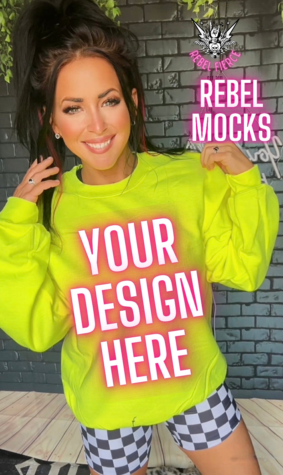 Safety Green Neon Yellow Crewneck Sweatshirt Model IRL Mock Up TRENDY Clean Vibes