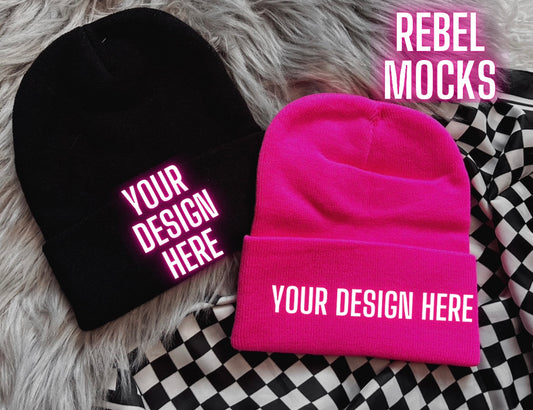 Black and Hot Pink Beanie Trendy Mock Up flat Lay