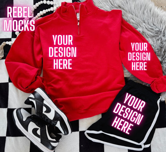 Red 1/4 Zip Up Sweatshirt Jerzees Trendy Mock Up Flat Lay
