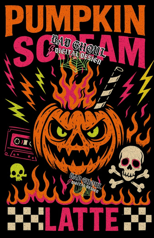 Pumpkin Scream Latte PNG Download BLACK FABRIC ONLY