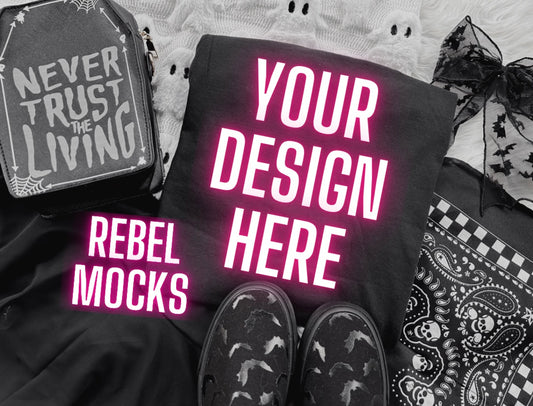 Black Tee Edgy Alt Flat Lay Mock up