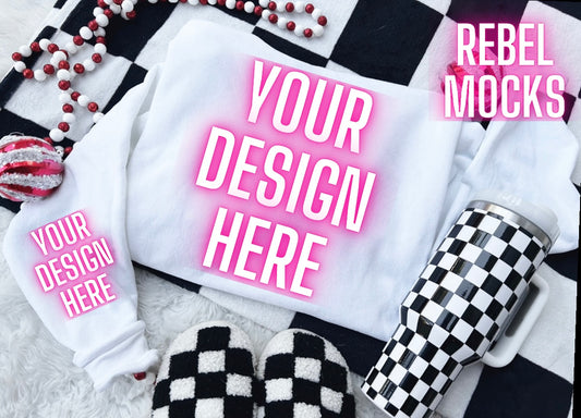 White Crew Neck Sweatshirt Holiday Flat Lay Mock Up