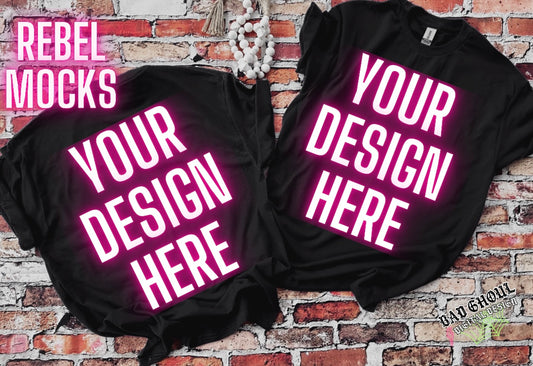Front and Back Black Tee Flat Lay Mock Up trendy