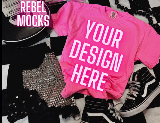 Comfort Colors Neon Pink Tee Alternative Flat Lay Mock Up