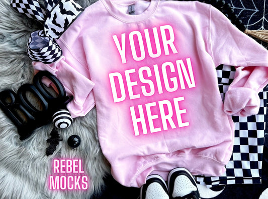 Spooky light pink crewneck sweatshirt Edgy Flat Lay Mock UP