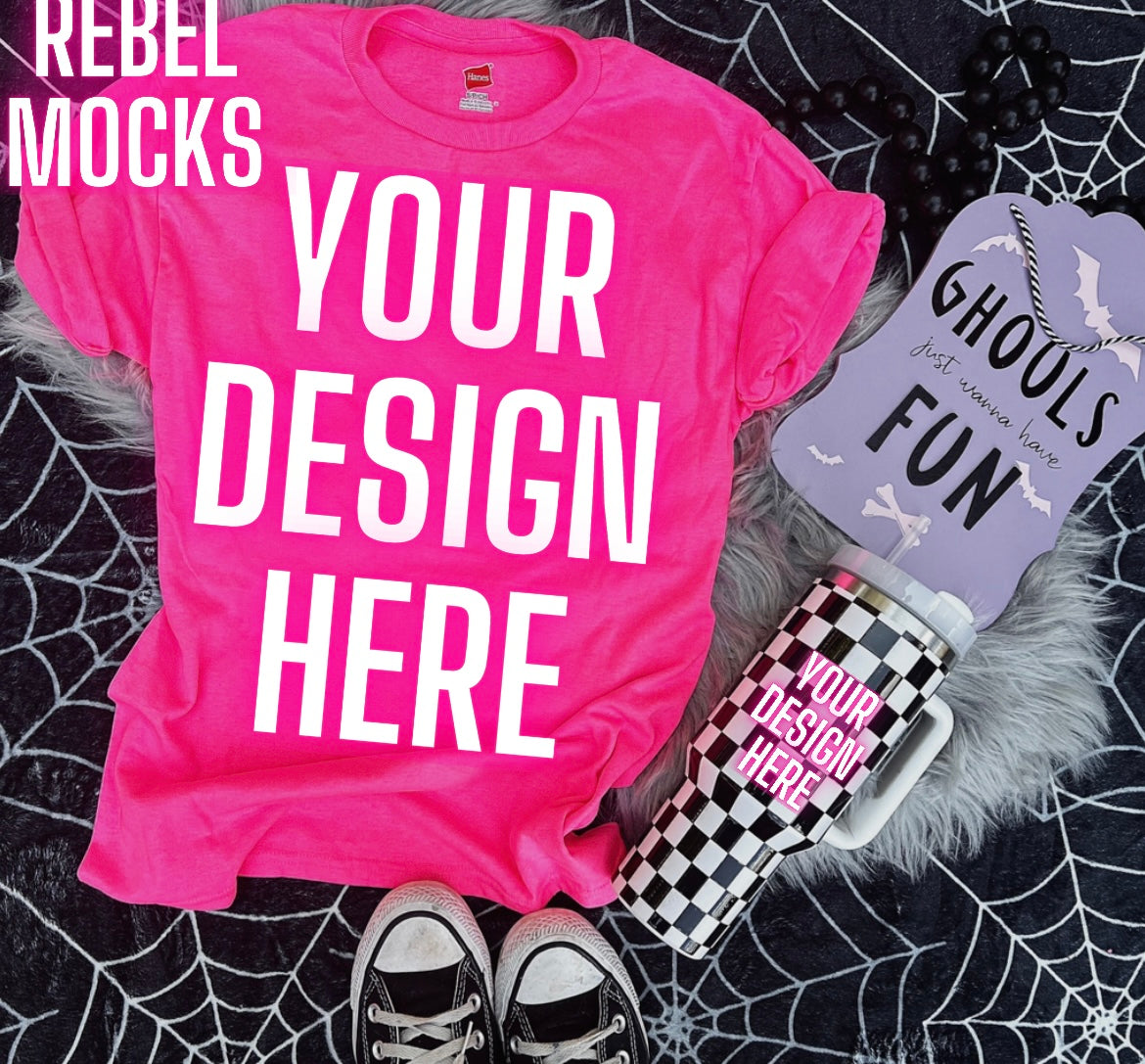 Neon Pink Tee Shirt Mock Up Flat Lay