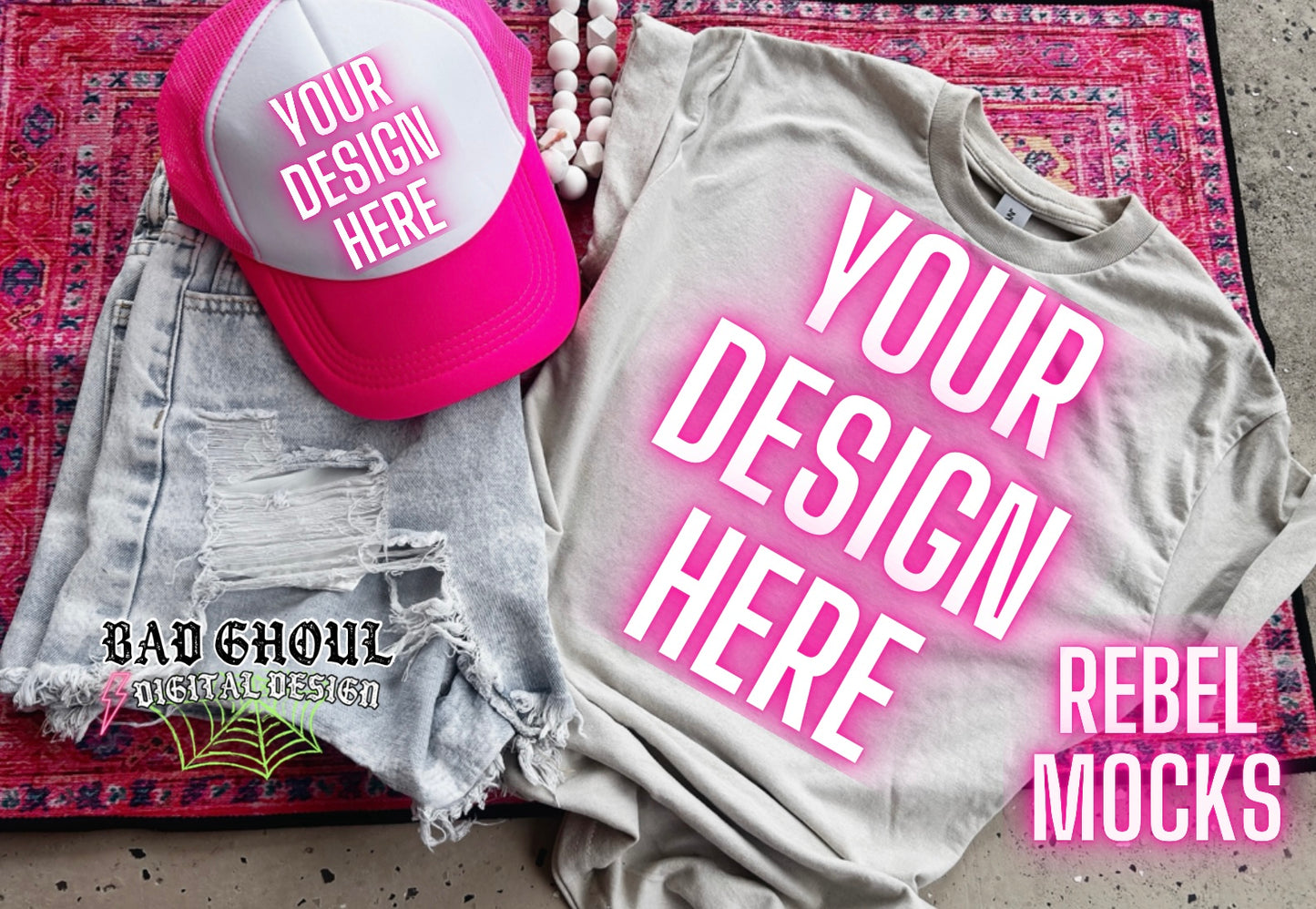 Gildan Sand Tee & Hat Flat Lay Mock Up trendy