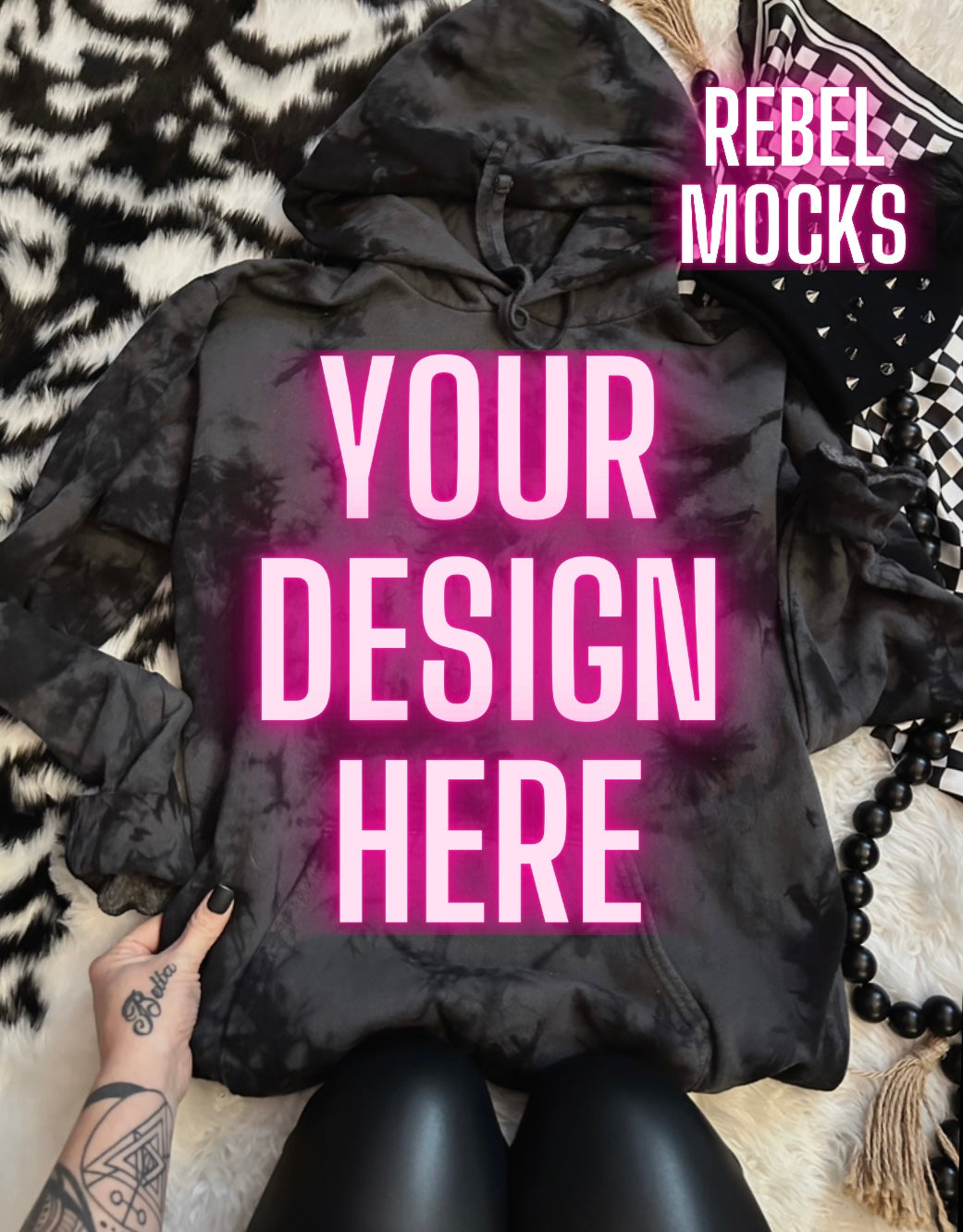 Black Crystal Dye Hoodie Flat Lay Mock Up TRENDING VIBES