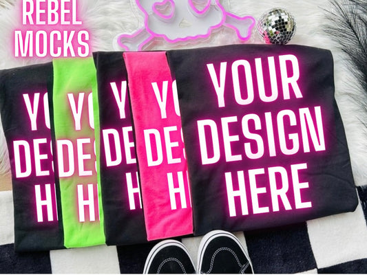 Black Neon Pink and Neon Green Tee Trending Alternative Flat Lay Mockup