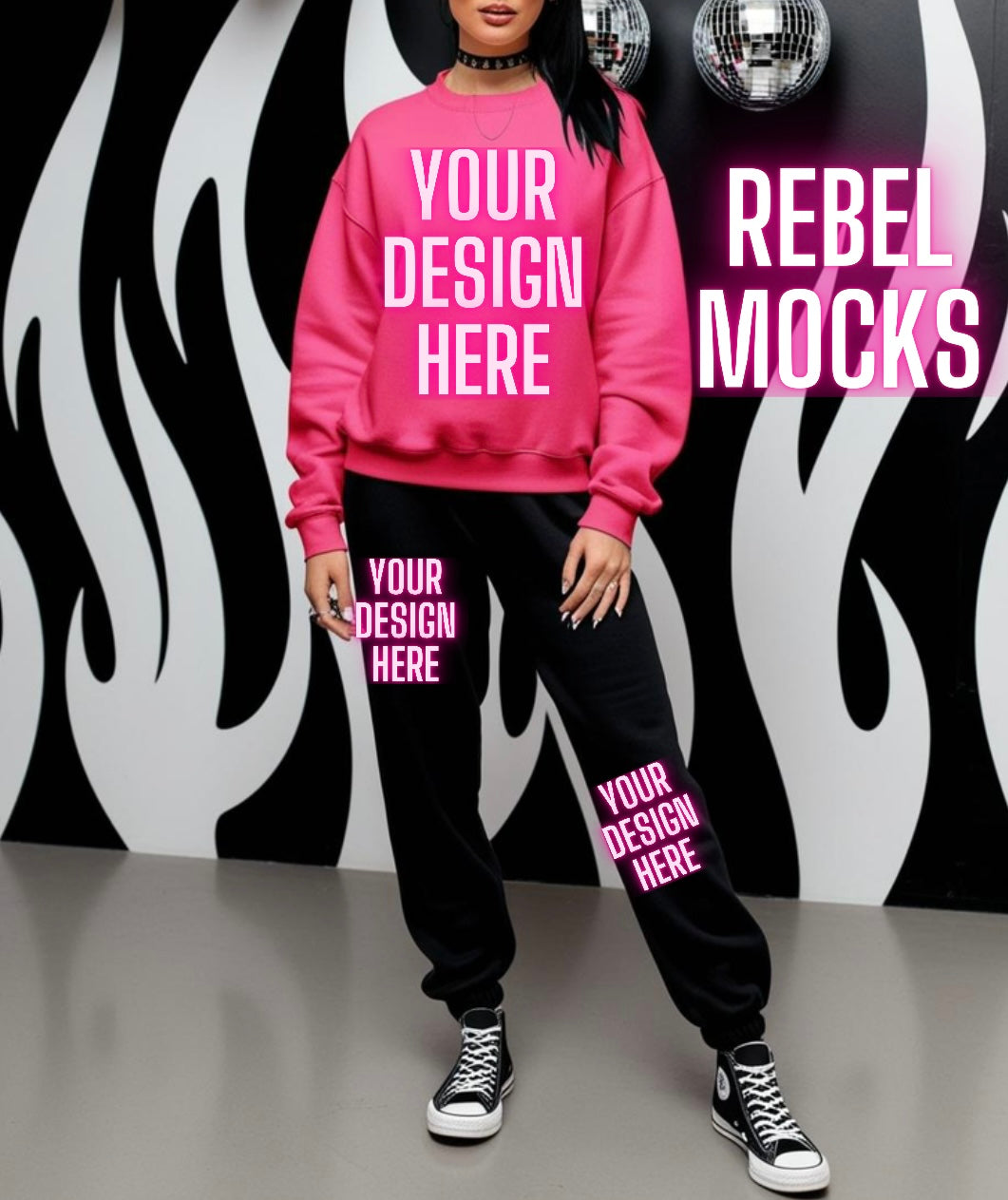 Neon Pink Sweat Set Sweatshirt & Jogger Edgy Trendy Model Mock Up