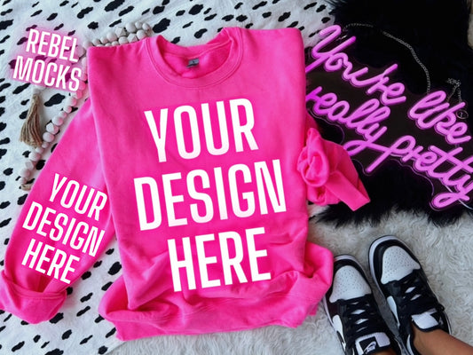 Neon Pink Crew Neck Sweatshirt Trendy flat lay Mock
