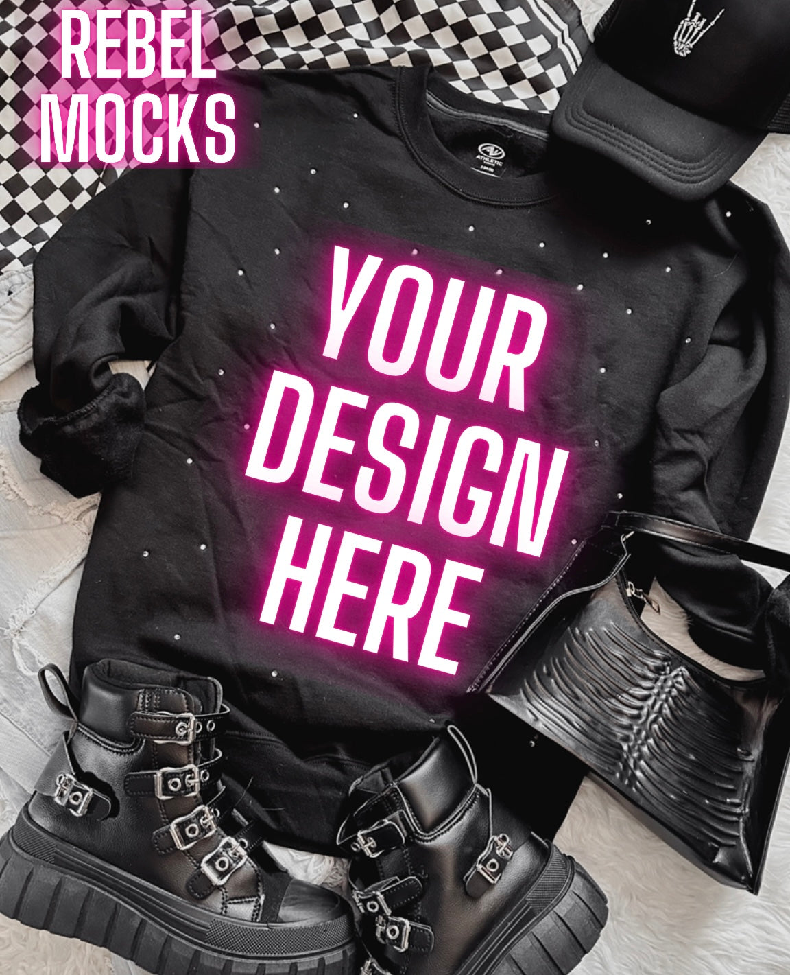 Rhinestone BLING Black Crew Sweatshirt Flat Lay Mock Up