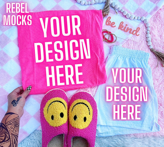 Neon Pink Tee Happy Vibes TRENDING Flat Lay Mock up