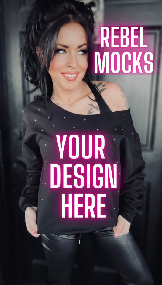 Rhinestone BLING Off Shoulder Black Crew Sweatshirt Model Mock Up