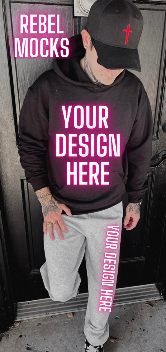 Mens Alt Style Black Hoodie & Gray Sweats Model Mock Up