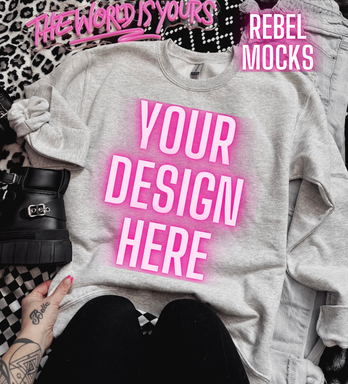 Ash Crew Neck Sweatshirt Edgy Alt Trendy Mock Up flat Lay