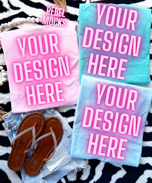 Collage Comfort Colors Blossom Chambray Lagoon Blue Tee Flat Lay Mock UP