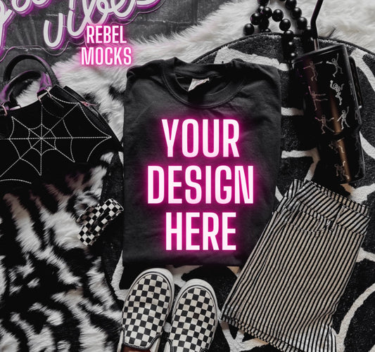 Black Tee and Shorts Mock Up Trendy Edgy Vibes Flat Lay 2 mocks