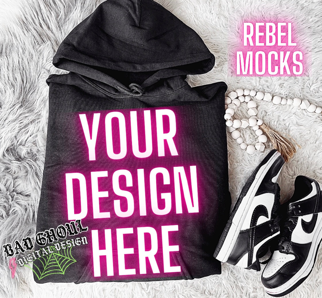 Black Hoodie Sweatshirt Gildan Trendy Mock Up Flat Lay