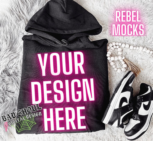 Black Hoodie Sweatshirt Gildan Trendy Mock Up Flat Lay