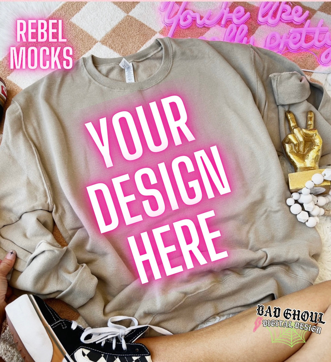 Jerzee Kahki Crew Neck Sweatshirt Flat Lay Mock Up TRENDING