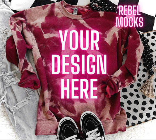 Wine Acid Wash Crew Neck Sweatshirt Flat Lay Mock Up TRENDING VIBES