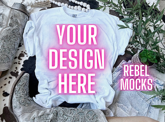 Western Vibes White Tee Flat Lay Mock UP