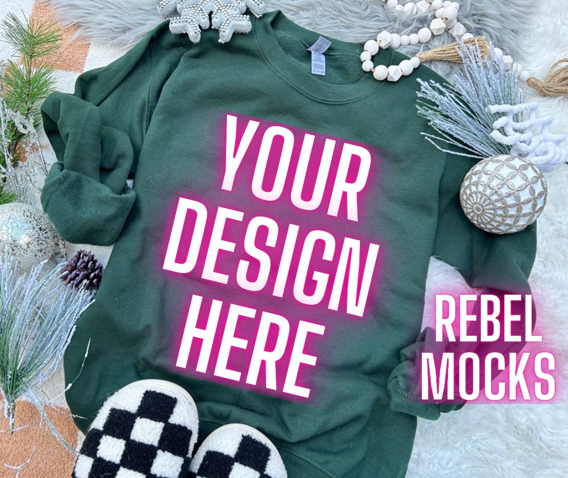 Gildan Forest Green Crewneck Sweatshirt Neutral Holiday Winter Flat Lay Mock Up Checkered