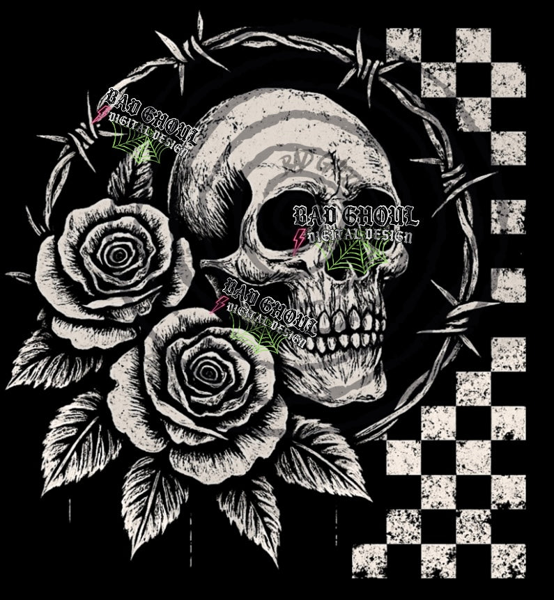 Skull & Roses Checkered PNG DOWNLOAD Black Fabric Only