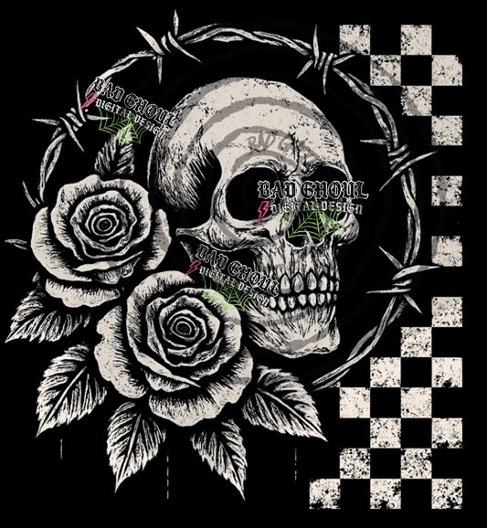 Skull & Roses Checkered PNG DOWNLOAD Black Fabric Only