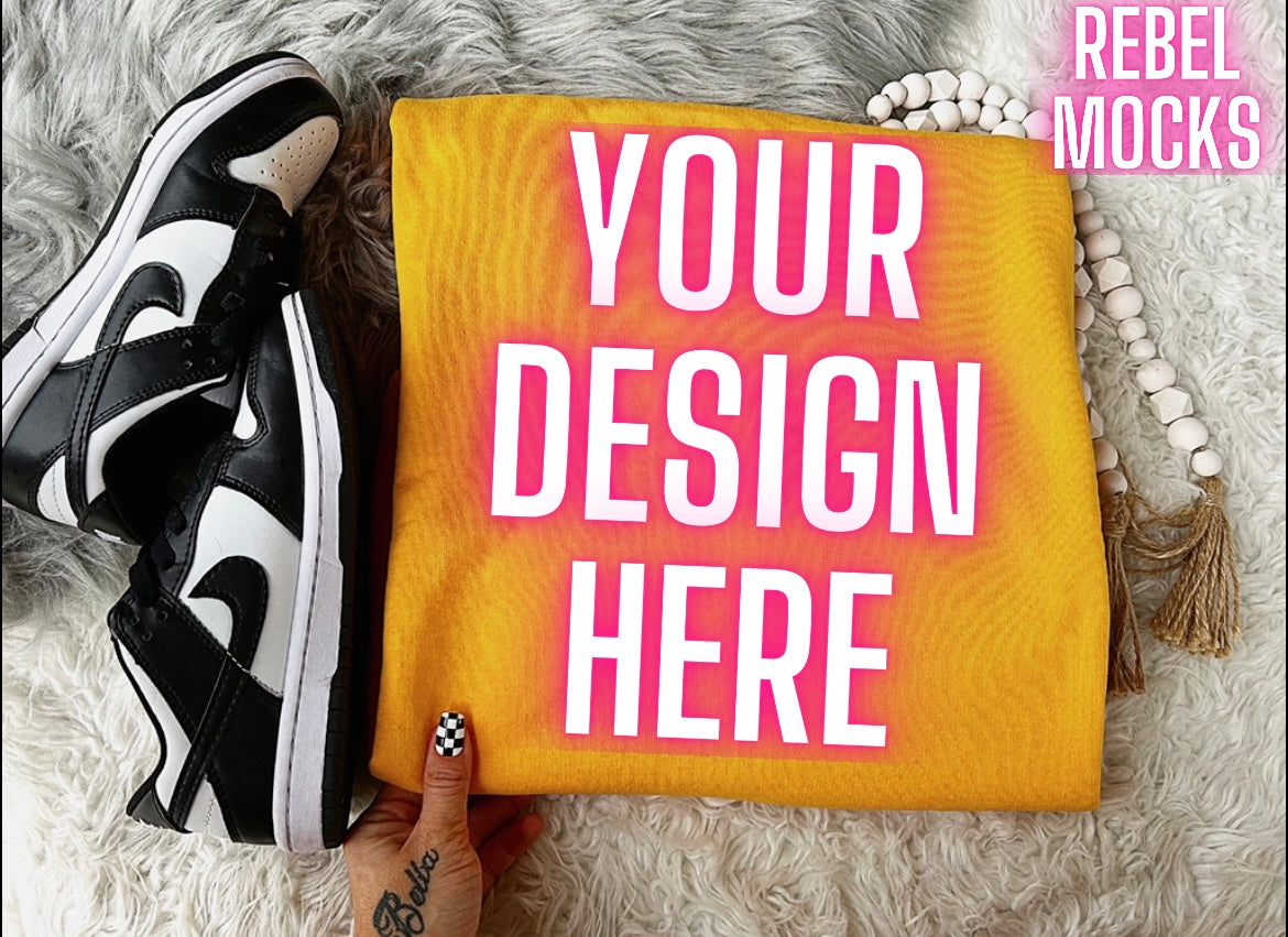 Gold Crew Neck Sweatshirt Gildan Trendy Mock Up Flat Lay