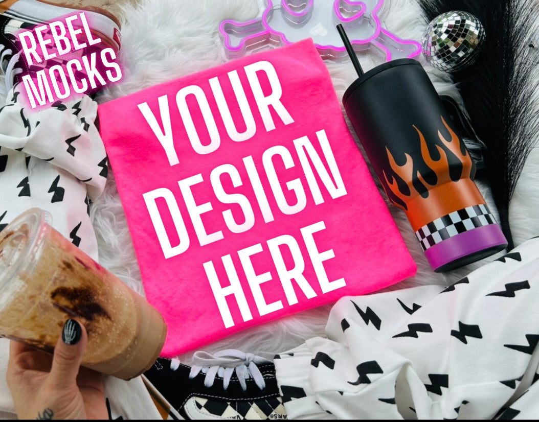 Neon Pink Tee Trending Alternative Flat Lay Mockup