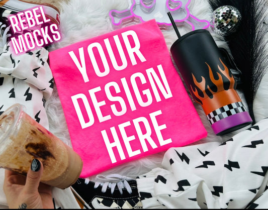 Neon Pink Tee Trending Alternative Flat Lay Mockup