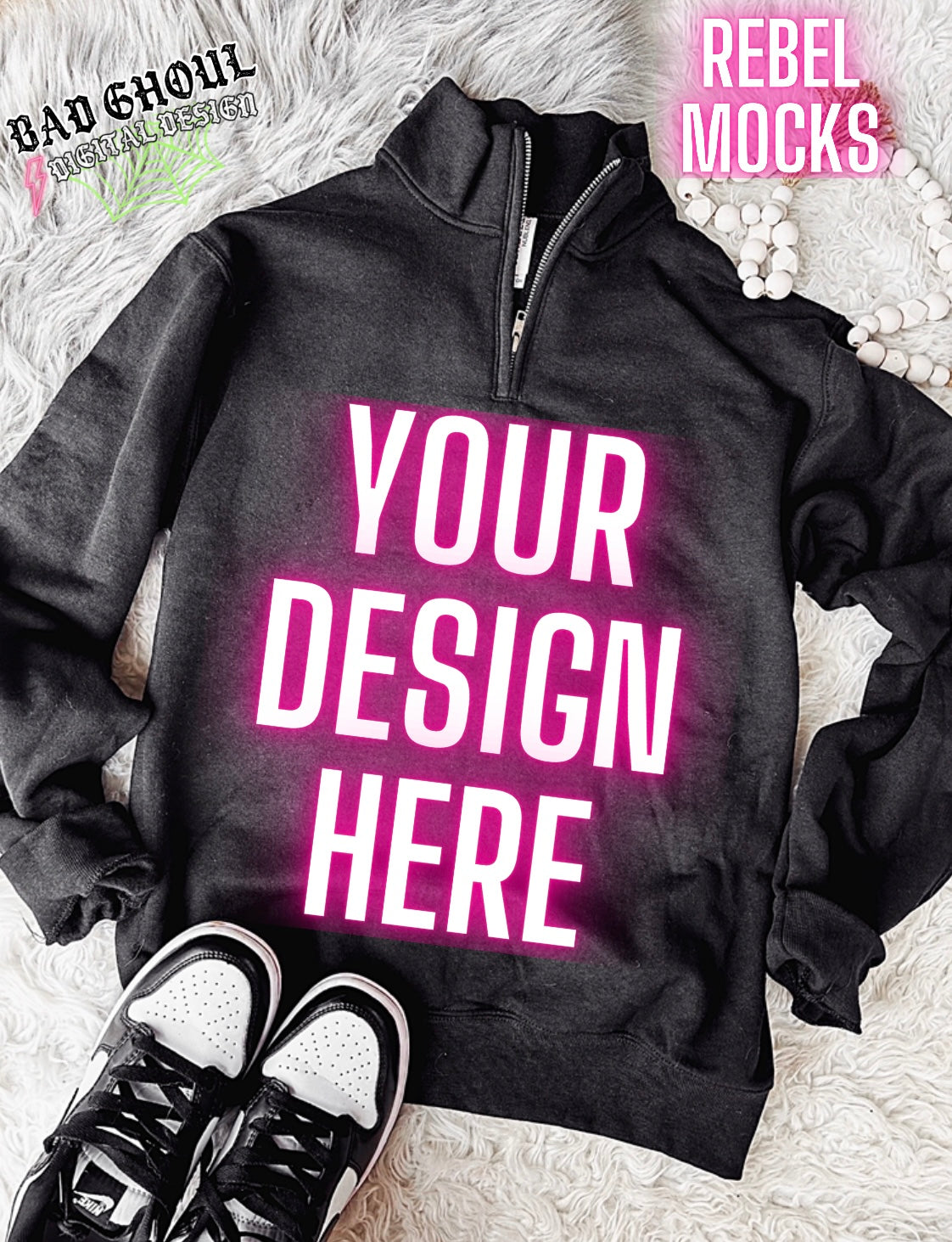 Black 1/4 Zip Up Sweatshirt Jerzees Trendy Mock Up Flat Lay