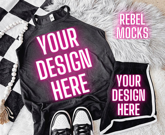 Black District Rocker Tank Trendy Mock Up Flat Lay